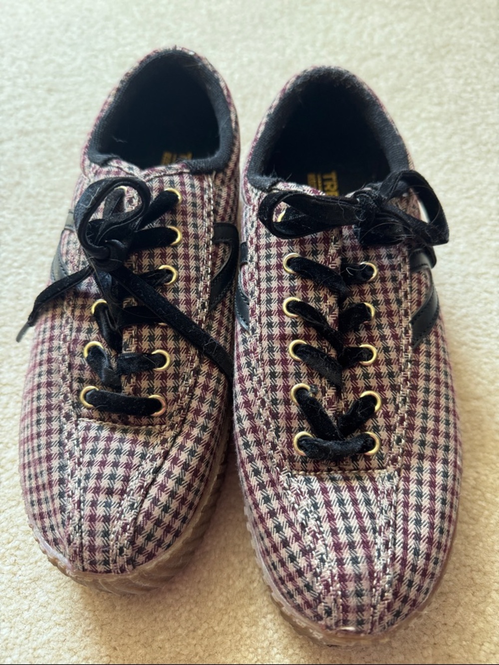 Tretorn Pink and Black Plaid Velvet-Lace Sneakers